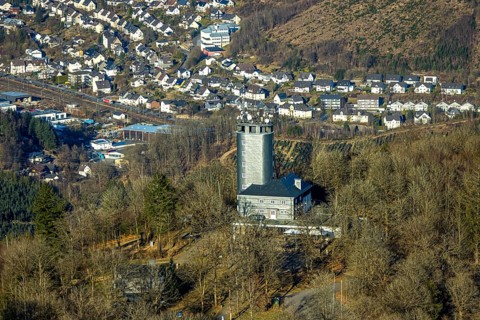 Aerial view, Hohe Bracht Café and Observation Tower, Bilstein, Lennestadt, Sauerland, North