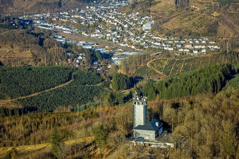 Aerial view, Hohe Bracht Café and Observation Tower, Bilstein, Lennestadt, Sauerland, North