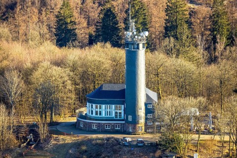 Aerial view, Hohe Bracht Café and Observation Tower, Bilstein, Lennestadt, Sauerland, North