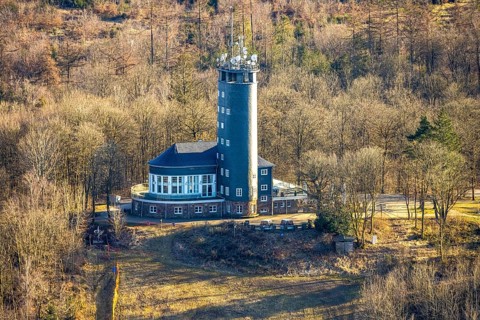 Aerial view, Hohe Bracht Café and Observation Tower, Bilstein, Lennestadt, Sauerland, North
