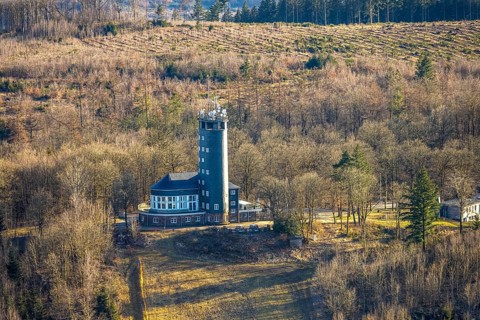 Aerial view, Hohe Bracht Café and Observation Tower, Bilstein, Lennestadt, Sauerland, North