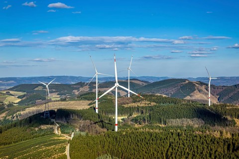 Aerial photo, wind turbine park, wind power plant, Langenei, blue sky and distant view, forest
