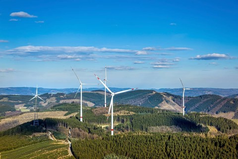 Aerial photo, wind turbine park, wind power plant, Langenei, blue sky and distant view, forest