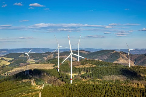 Aerial photo, wind turbine park, wind power plant, Langenei, blue sky and distant view, forest