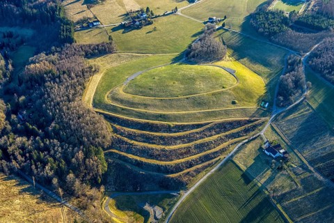 Aerial view, terraced meadow and field, with forest and hilly landscape Stöppel, Halberbracht,