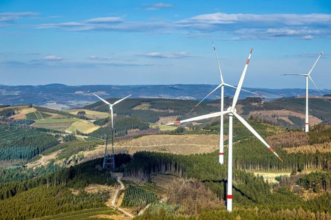 Aerial photo, wind turbine park, wind power plant, Langenei, blue sky and distant view, forest