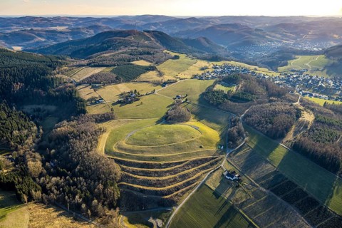 Aerial view, terraced meadow and field, with forest and hilly landscape Stöppel, Halberbracht,