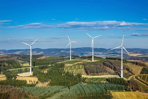 Aerial photo, wind turbine park, wind power plant, Langenei, blue sky and distant view, forest