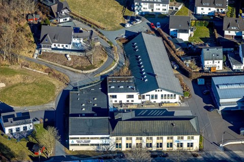 Aerial view, commercial area Hunold-Rumpstraße with PBS Pipe Bending Systems, Oedingen, Lennestadt,