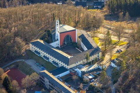 Aerial view, monastery church, Gymnasium Maria Königin, Altenhundem, Lennestadt, Sauerland, North