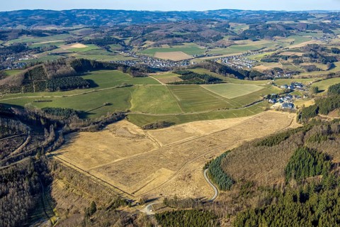 Aerial view, mega solar park planned on Hachen mud pond, meadows and fields with fallow land,