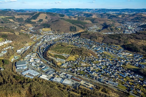 Aerial view, commercial area Zur Christinenhütte, residential area hilly landscape and forest area