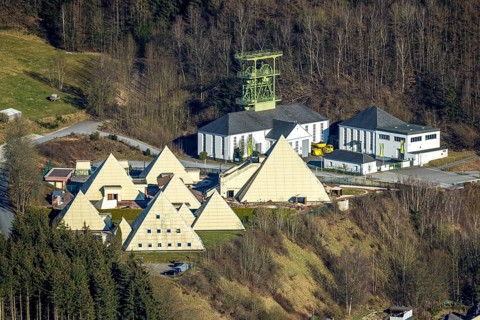 Aerial view, Galileo Park, Sauerland Pyramids, Mining Museum Siciliaschacht with winding tower,