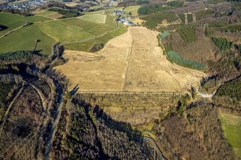Aerial view, mega solar park planned on Hachen mud pond, meadows and fields with fallow land,