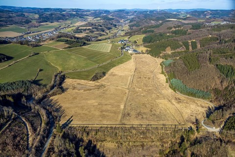 Aerial view, mega solar park planned on Hachen mud pond, meadows and fields with fallow land,