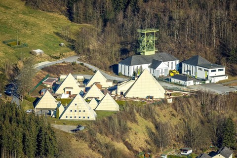 Aerial view, Galileo Park, Sauerland Pyramids, Mining Museum Siciliaschacht with winding tower,