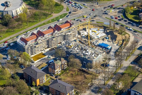 Aerial view, construction site with new building at Langestraße 100 between Lange Straße and