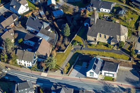 Aerial view, catholic church St. Maria Immaculata, Oberelspe, Lennestadt, Sauerland, North