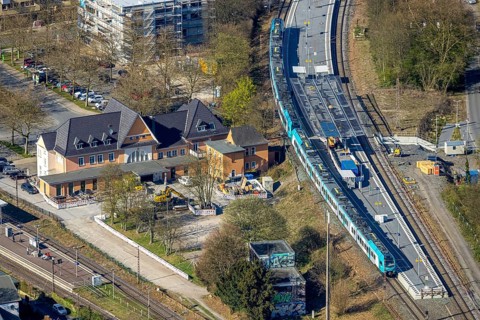 Aerial view, station building, S-Bahn at Lünen main station, Lünen, Ruhr area, North