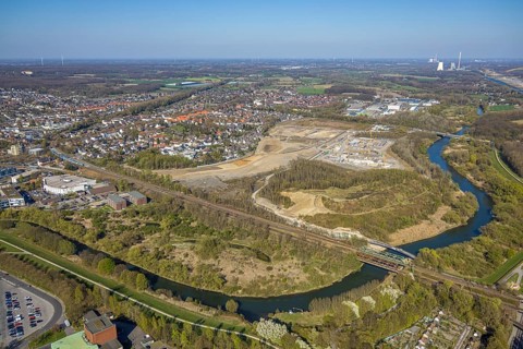 Aerial view, construction area Westfaliastraße, Alte Viktoriazeche and river Lippe, Lünen, Ruhr