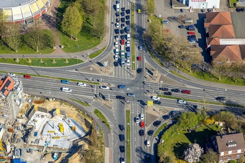 Aerial view, traffic junction construction site with new building Quartier Langestraße 100 between