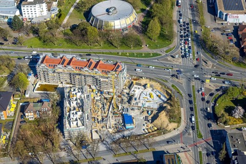 Aerial view, traffic junction construction site with new building Quartier Langestraße 100 between