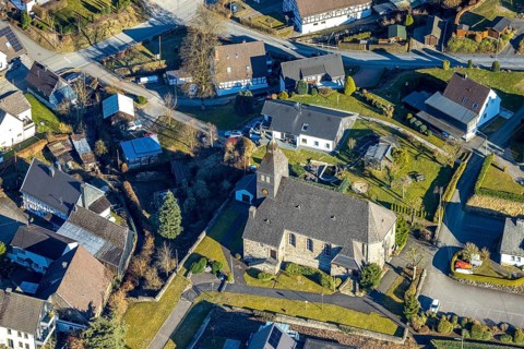 Aerial view, catholic church St. Maria Immaculata, Oberelspe, Lennestadt, Sauerland, North