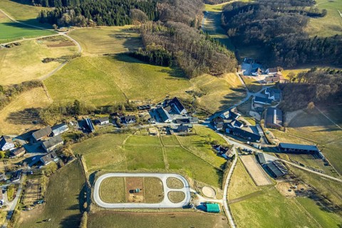 Aerial view, Quinkenhof riding centre, paddock in Melbecke, Lennestadt, Sauerland, North