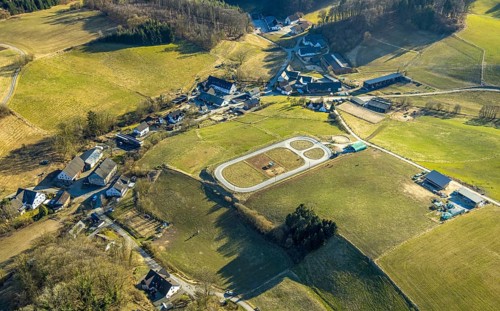 Aerial view, Quinkenhof riding centre, paddock in Melbecke, Lennestadt, Sauerland, North