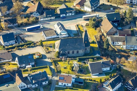 Aerial view, catholic church St. Maria Immaculata, Oberelspe, Lennestadt, Sauerland, North