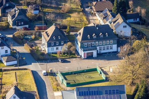 Aerial view, fire brigade fire brigade group Halberbracht and football pitch, Halberbracht,
