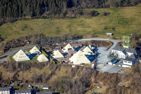 Aerial view, Galileo Park, Sauerland Pyramids, Mining Museum Siciliaschacht with winding tower,