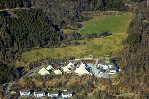 Aerial view, Galileo Park, Sauerland Pyramids, Mining Museum Siciliaschacht with winding tower,