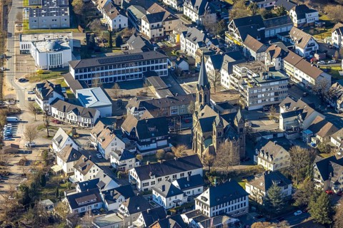 Aerial view, Church of St. Bartholomew and Franciscus School Primary School, Ditib Mosque, Meggen,