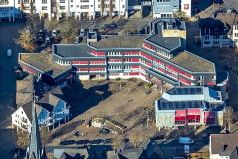 Aerial view, Lennestadt town hall and Thomas-Morus-Platz, spire of St. Agatha church, Altenhundem,