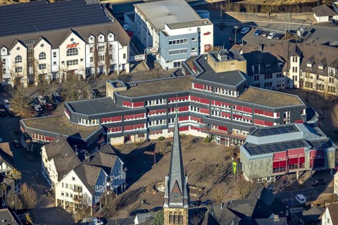 Aerial view, Lennestadt town hall and Thomas-Morus-Platz, spire of St. Agatha church, Altenhundem,