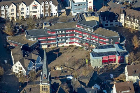 Aerial view, Lennestadt town hall and Thomas-Morus-Platz, spire of St. Agatha church, Altenhundem,