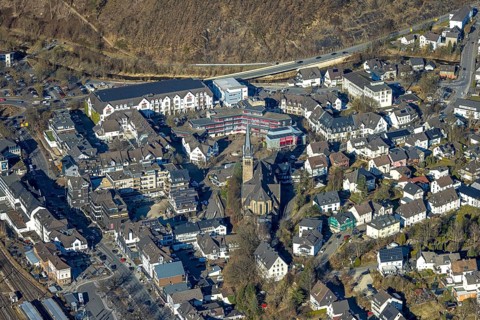 Aerial view, City centre with town hall and church St. Agatha and market place, HIT shopping