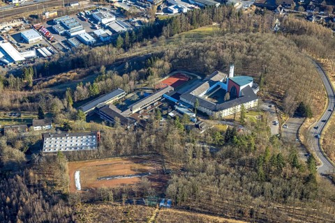 Aerial view, monastery church, Gymnasium Maria Königin, Altenhundem, Lennestadt, Sauerland, North
