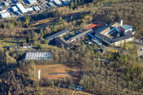Aerial view, monastery church, Gymnasium Maria Königin, Altenhundem, Lennestadt, Sauerland, North