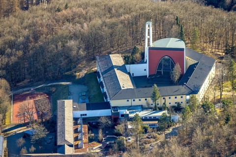Aerial view, monastery church, Gymnasium Maria Königin, Altenhundem, Lennestadt, Sauerland, North