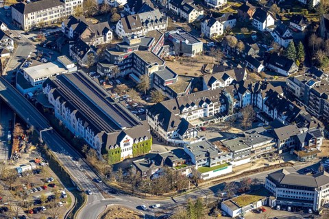 Aerial view, town hall Lennestadt and Thomas-Morus-Platz, shopping centre Gartenstraße with HIT