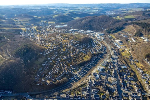 Aerial view, residential area on a slope, hilly landscape, railway line, Meggen, Lennestadt,