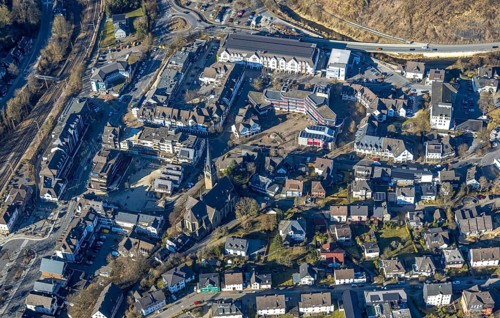 Aerial view, City centre with town hall and church St. Agatha and market place, HIT shopping