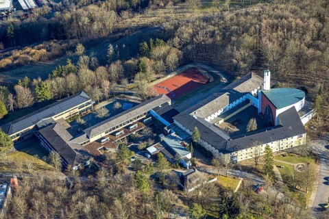 Aerial view, monastery church, Gymnasium Maria Königin, Altenhundem, Lennestadt, Sauerland, North