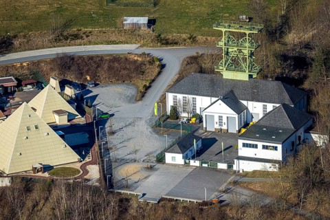 Aerial view, Galileo Park, Sauerland Pyramids, Mining Museum Siciliaschacht with winding tower,