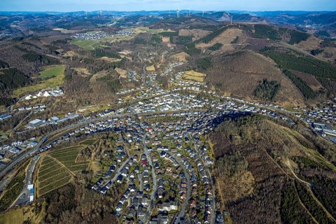 Aerial view, residential area of Meggen with wooded hilly landscape and forest damage, Meggen,