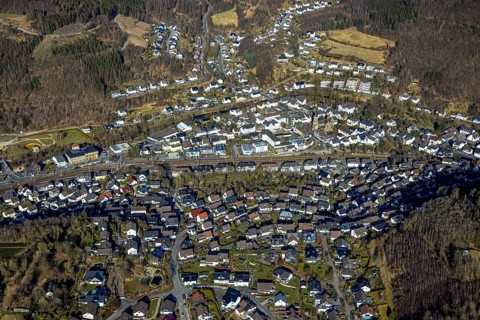 Aerial view, residential area of Meggen with wooded hilly landscape and forest damage, Meggen,