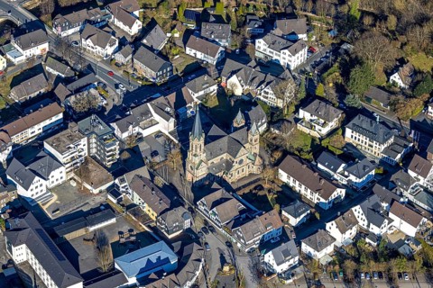 Aerial view, Church of St. Bartholomew and St. Francis Primary School, Meggen, Lennestadt,
