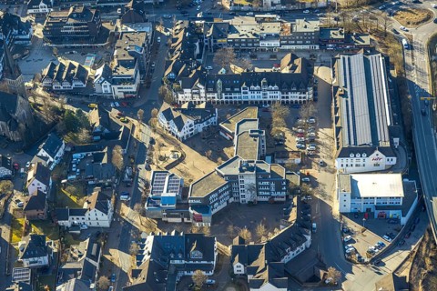 Aerial view, town hall Lennestadt and Thomas-Morus-Platz, on the right shopping centre Gartenstraße